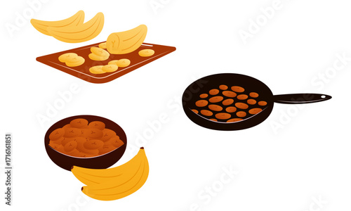 Vector illustration of cooking and serving Tajadas fried banana slices Plantain