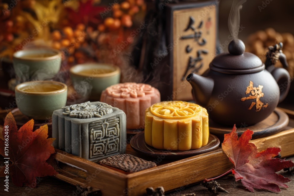 Naklejka premium Mid-Autumn Festival mooncakes with ceramic teapot on wooden tray, cozy indoor lighting, cultural celebration, tradition, hospitality concept