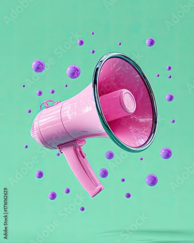 A pastel pink megaphone floats against a mint green backdrop, encircled by levitating purple spheres