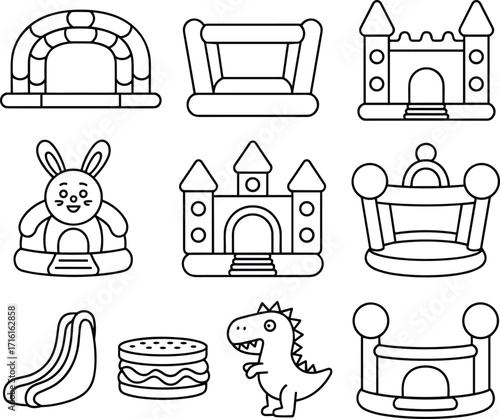 Inflatable structures illustration, bounce house vector, castle slide design, amusement park graphic, children play area, black and white, fun entertainment icon