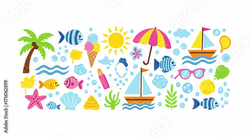 Vibrant summer beach vacation elements like palm trees, fish, ice cream, and sailboats create a joyful scene