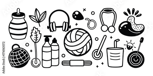 Doodle collection of fitness and gym accessories including headphones water bottles and yoga ball