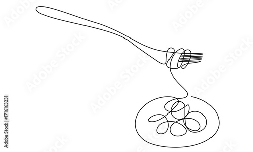 Single continuous line drawing of delicious spaghetti with fork. Italian spaghetti noodle for web banner and food delivery service.Vector illustration eps 10