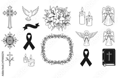 Funeral Service Set – Vector Elements for Memorial Ceremony, Including Flowers, Candles, Cross, Ribbon, Frame, and Religious Symbols