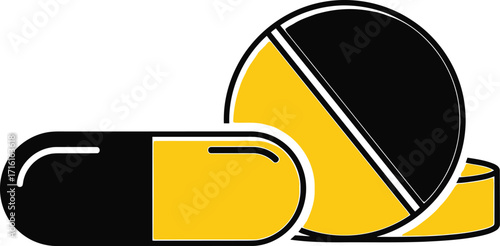 Black and Yellow Pill and Tablet Medication Illustration on Transparent Background
