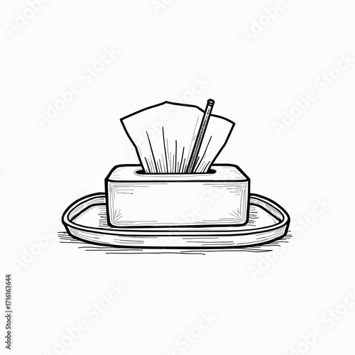 Tissue box with tissues and wooden stick on a tray in minimalist style  