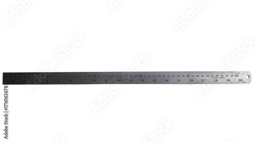 A 50 cm long stainless steel ruler with dual scales: centimeters and inches. It features a hanging hole at the right end and clear numbers for precise measurements.