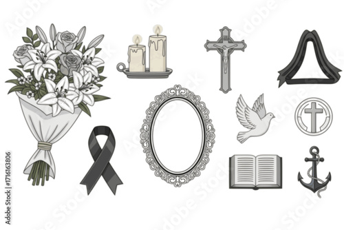 Funeral Service Set – Vector Elements for Memorial Ceremony, Including Flowers, Candles, Cross, Ribbon, Frame, and Religious Symbols