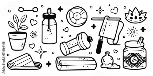 Collection of hand-drawn fitness and gym-related icons for a healthy lifestyle and wellness routine