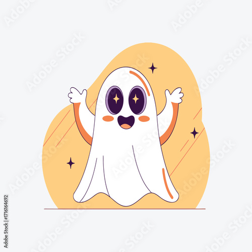 Illustration of a cute and friendly cartoon ghost with big, sparkling eyes and an open mouth, floating happily with its arms outstretched against a soft yellow abstract shape