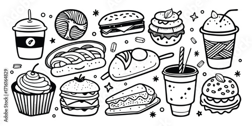 Doodle style fast food collection featuring burgers hot dogs drinks and desserts artwork
