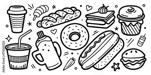 Doodle collection of fast food drinks and sweets hand drawn line art style