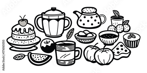 Whimsical hand-drawn collection of desserts drinks and fruits for a delightful spread