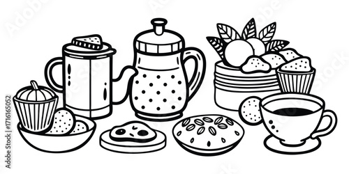 Whimsical hand-drawn tea and dessert assortment with cozy beverages and baked goods
