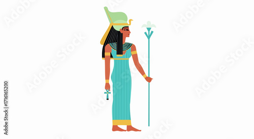 Elegant Egyptian goddess illustration in vibrant colors, perfect for historical design projects