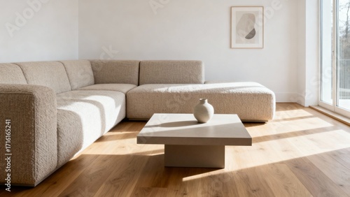 Modern minimalist living room interior with beige corner sofa and sunlight shadows on wooden floor, This image was created using generative artificial intelligence.