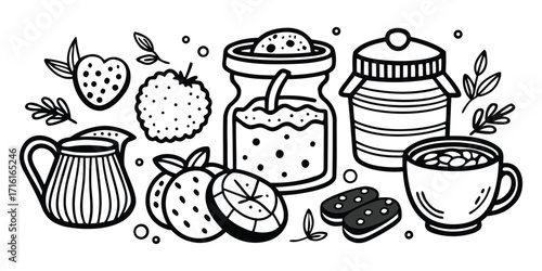 Hand-drawn sketch of a cozy breakfast spread with fruits jams and drinks
