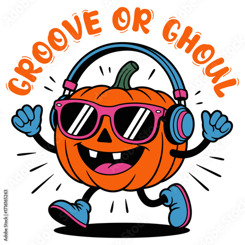 Retro Halloween Pumpkin Mascot with Headphones and Sunglasses - Groove or Ghoul Vector
