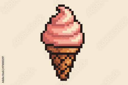 Pixel art ice cream cone with pink swirl topping, retro design, playful dessert illustration