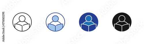 Learning icon set describe people reading the book in line, glyph and blue style vector icons
