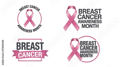 Breast Cancer Awareness Month Illustrations with Pink Ribbon Designs on White