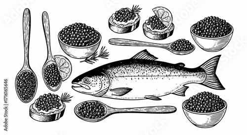 Elegant salmon and rich caviar assortment presented with lemon and rosemary, a gourmet delight