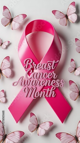 Breast Cancer Awareness Month pink ribbon with butterflies surrounding it