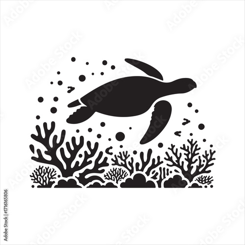 Sea turtle swimming above coral vector  silhouette outline logo design concept illustration