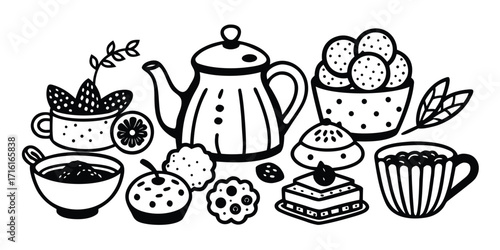 Charming hand drawn tea set cookies and pastries celebration delicious treats
