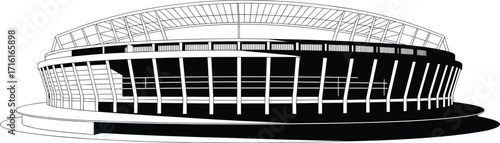 Modern stadium illustration, architectural dome structure, sports arena exterior, black and white vector, contemporary event venue, urban landmark, detailed building design drawing