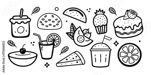 Delicious hand drawn food and drink collection featuring cake pizza tacos drinks and more
