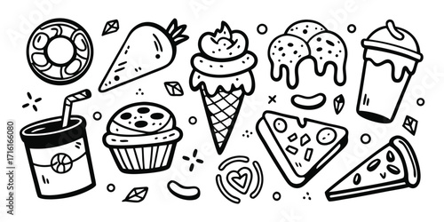 Hand-drawn doodle collection of delicious foods and drinks fun graphic elements