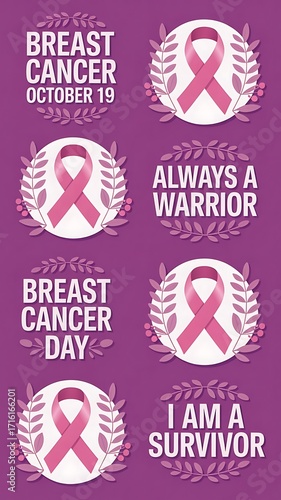 Breast cancer awareness symbols with pink ribbons and motivational messages vector