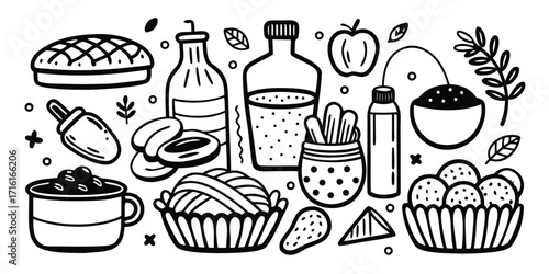 Hand-drawn artistic sketch of assorted delicious food and drink items with charming doodles