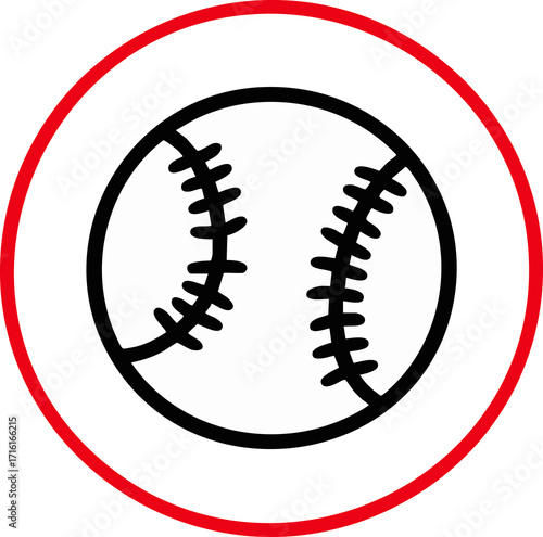 Baseball ball with red stitch on white round surface, simple vector icon