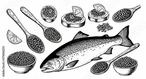 Elegant salmon and caviar feast with lemon slices, perfect for gourmet menus and culinary presentations