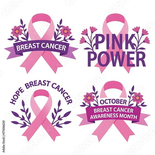 Collection of Pink Ribbons for Breast Cancer Awareness in October