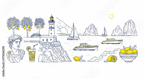 Vibrant Mediterranean coast scene with lemons, yacht, and ancient bust evokes summer vacation dreams