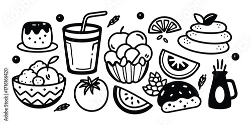 Whimsical hand drawn food and drink elements collection for sweet delights