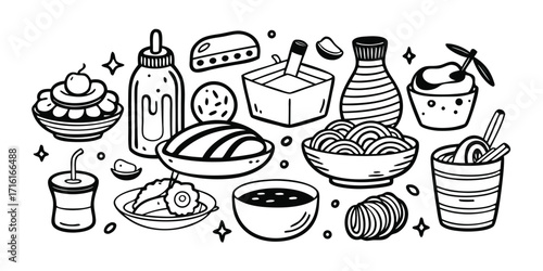 Collection of hand-drawn food and drink items for various cuisines and desserts