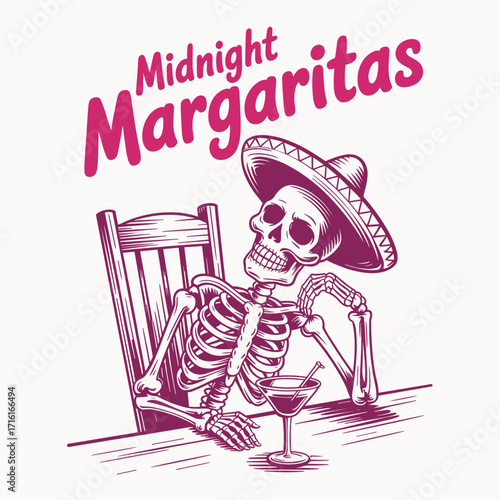 Midnight Margaritas Design Featuring a Skeleton in Sombrero Sitting with Margarita – Funny Halloween, Skeleton Drink, Spooky Party, Margarita Lover, Halloween Humor, Midnight Drink Art