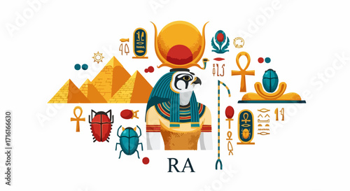 Majestic Egyptian god Ra with pyramids, scarab beetles, and hieroglyphs creates ancient mystique