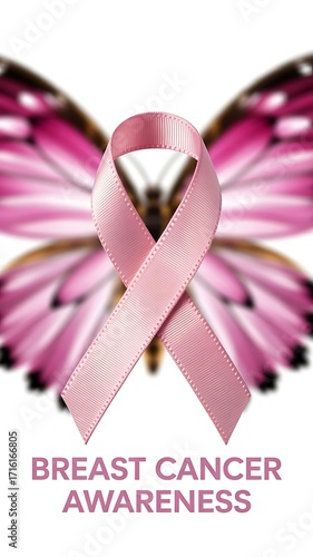 Pink Ribbon for Breast Cancer Awareness with Butterfly Wing Background Symbolism