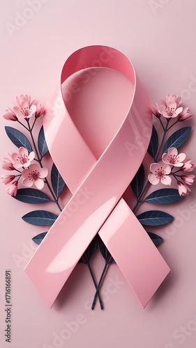 Pink Ribbon for Breast Cancer Awareness with Flowers on Background