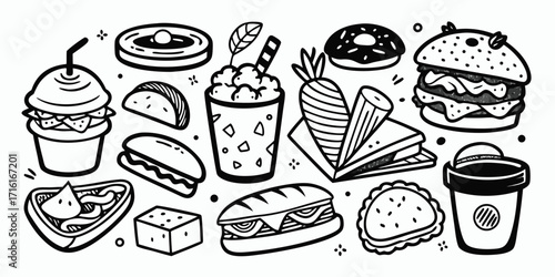 Delicious hand-drawn fast food collection featuring burgers tacos pizza and drinks