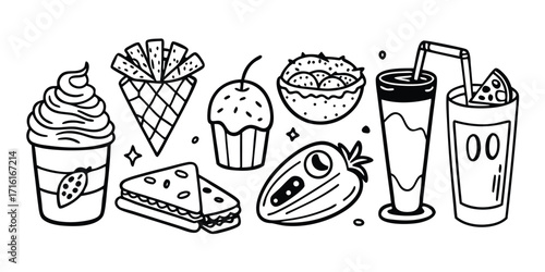 Doodle food and drink collection featuring fries cupcake sandwich and smoothies