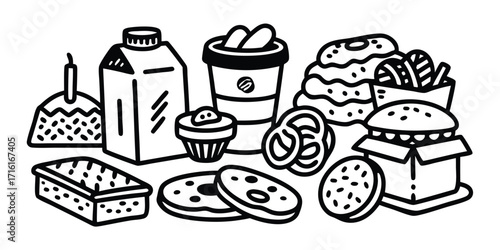 Delicious assortment of baked goods drinks and fast food treats line drawing