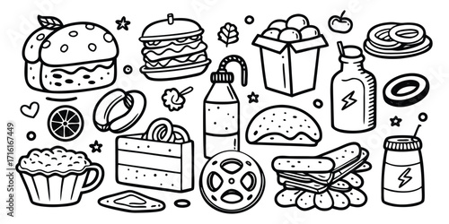 Hand drawn food and drink collection icons featuring burgers cupcakes and snacks