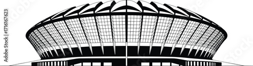 Modern stadium illustration, dome roof architecture, sports arena exterior, black and white vector, contemporary event venue, urban landmark, architectural building design drawing