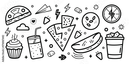 Hand-drawn doodle collection of fast food snacks and drinks for a fun graphic design project